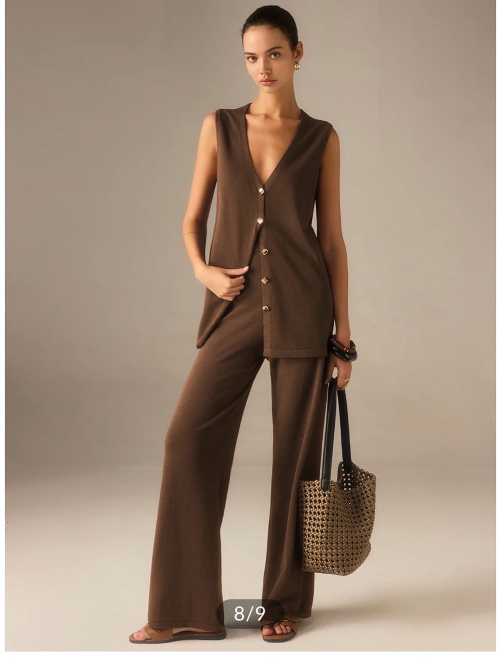 Sleeveless V-Neck Wide-Leg Jumpsuit in Brown